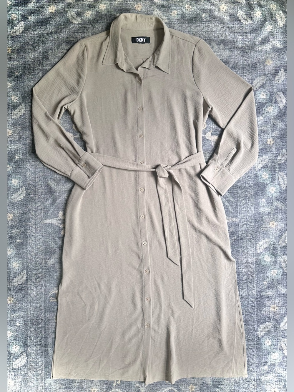 DKNY Beige Long Sleeve Button Front Shirt Dress with Belt Sz Large
